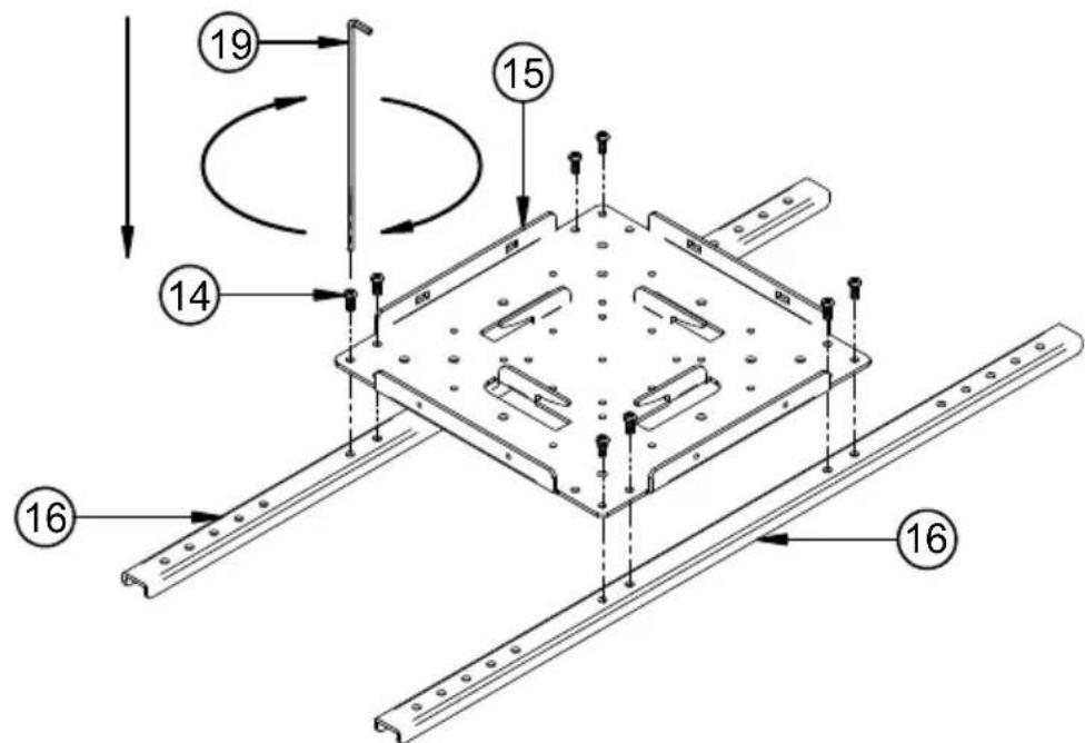 Technical diagram of a mechanical assembly with numbered components and directional arrows indicating motion or movement.