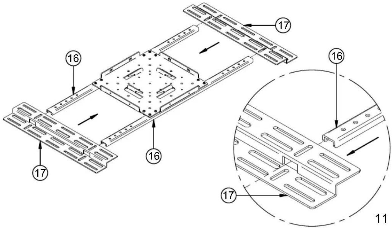 Technical diagram of a vehicle chassis frame with numbered components and directional arrows indicating assembly or movement.