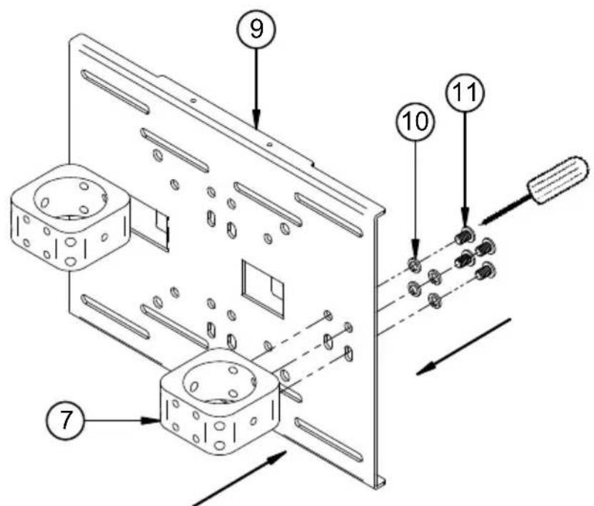 Technical diagram showing assembly steps of a device with numbered components and directional arrows indicating movement.