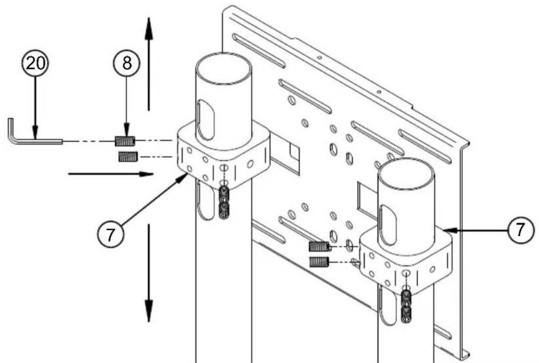 Technical diagram of a mechanical assembly with numbered components and directional arrows indicating assembly steps.