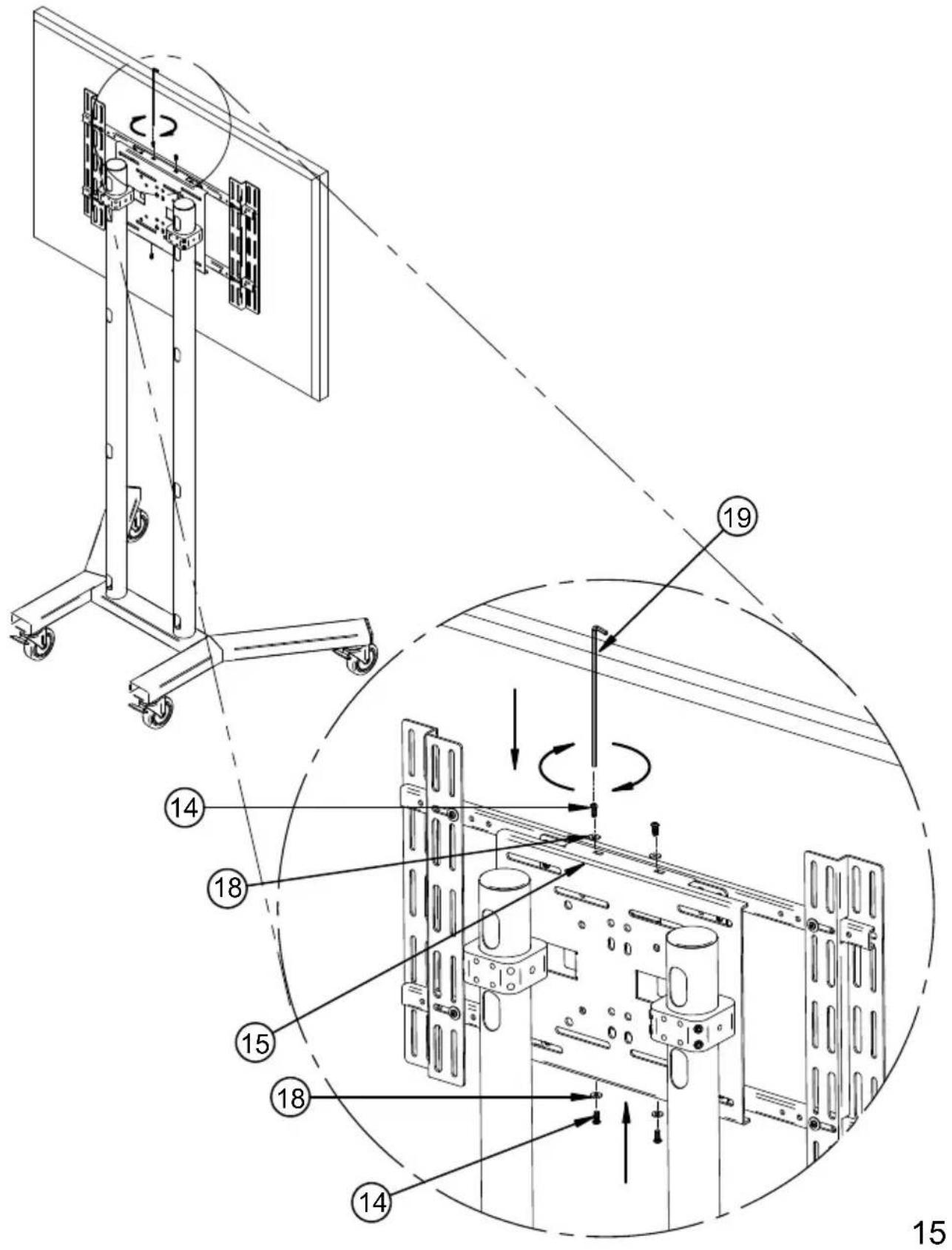 Technical diagram of a mechanical assembly with numbered components and directional arrows indicating motion or assembly steps.