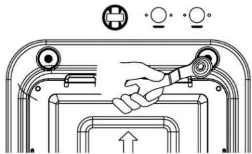 Diagram showing a hand pressing down on a device with three labeled buttons above, indicating action or control states.