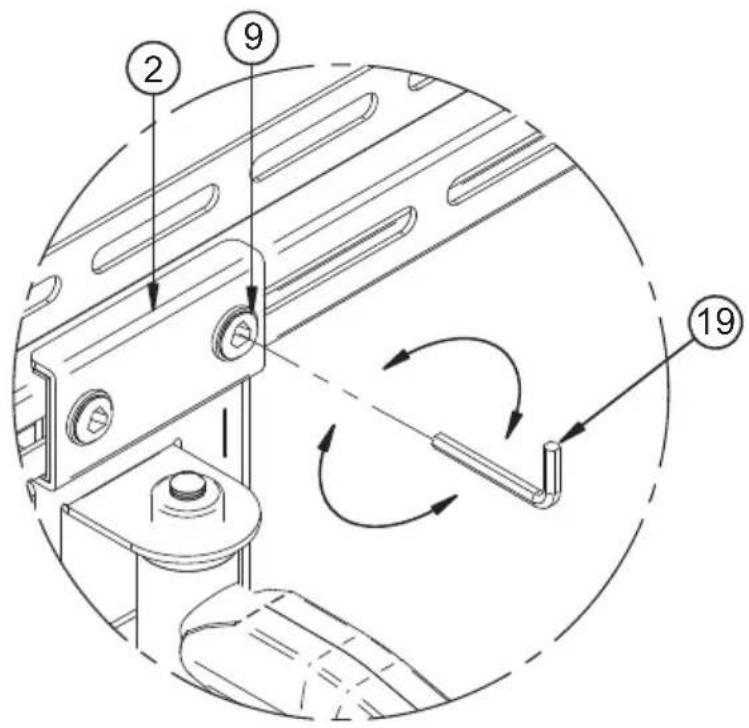 Technical diagram of a mechanical assembly with numbered components and directional arrows indicating motion or rotation.