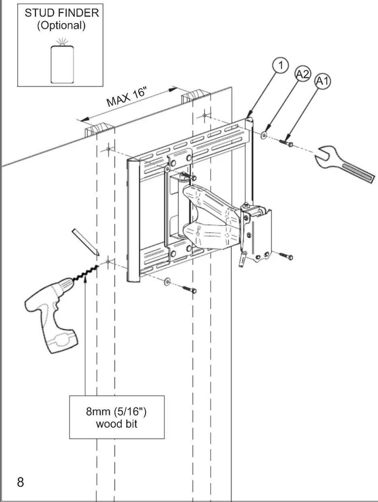 STUD FINDER (Optional) MAX 16" 1 A2 A1 8mm (5/16") wood bit 8