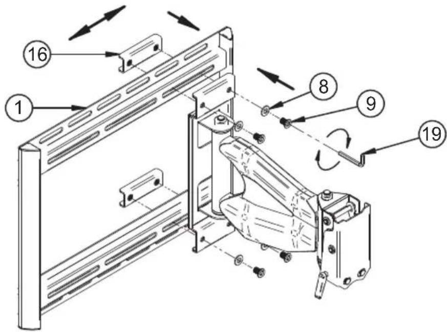 Technical diagram of a mechanical assembly with numbered components and directional arrows indicating motion or assembly.