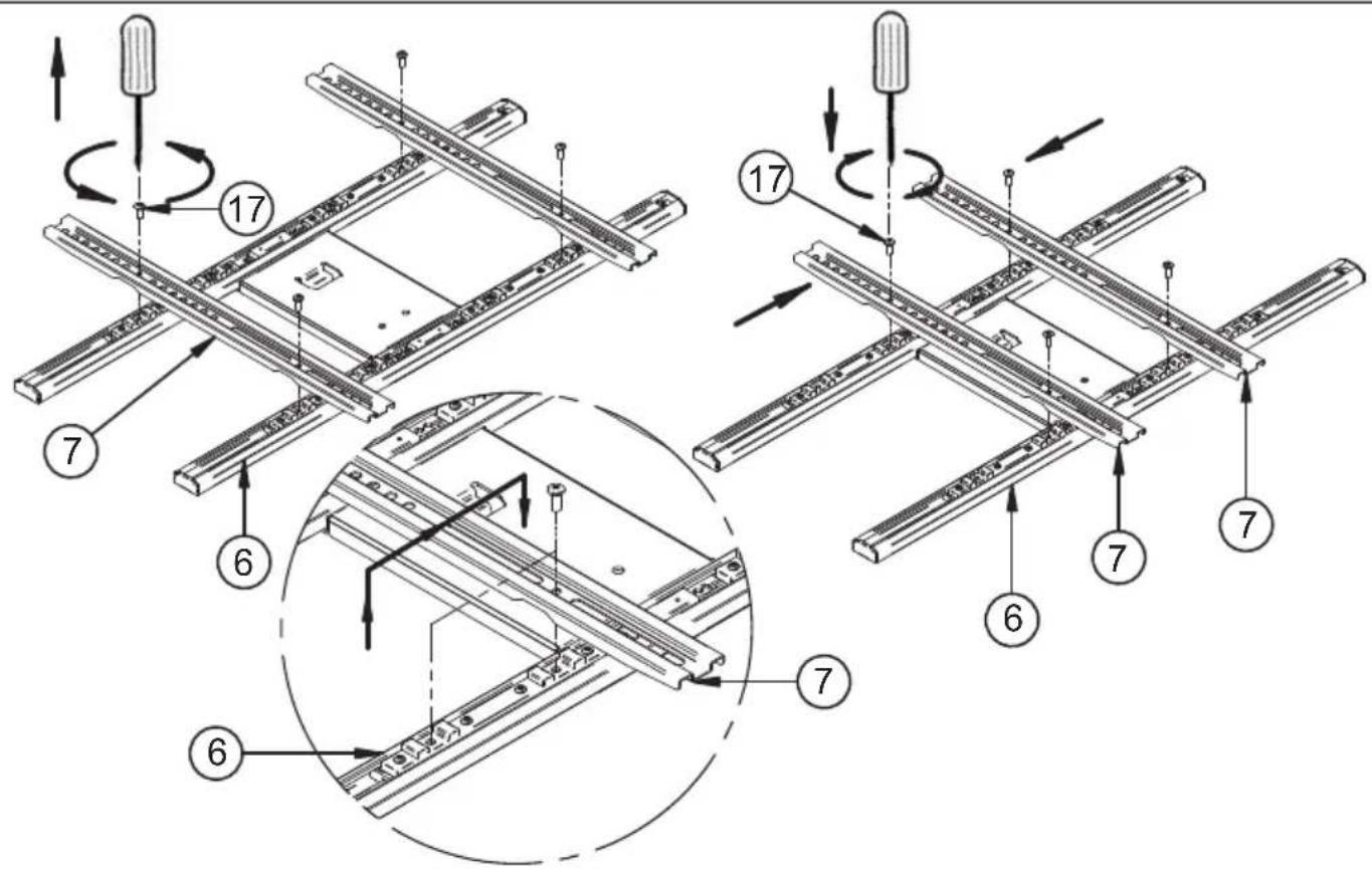 Technical diagram showing assembly steps of a mechanical component with numbered parts and directional arrows indicating motion.