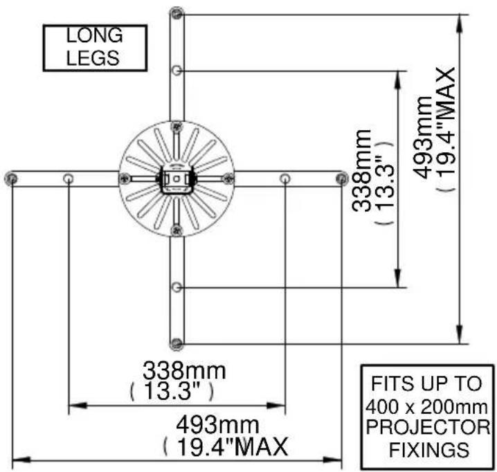 LONG LEGS 338mm (13.3") 493mm (19.4"MAX) FITS UP TO 400 x 200mm PROJECTOR FIXINGS 338mm (13.3") 493mm (19.4"MAX