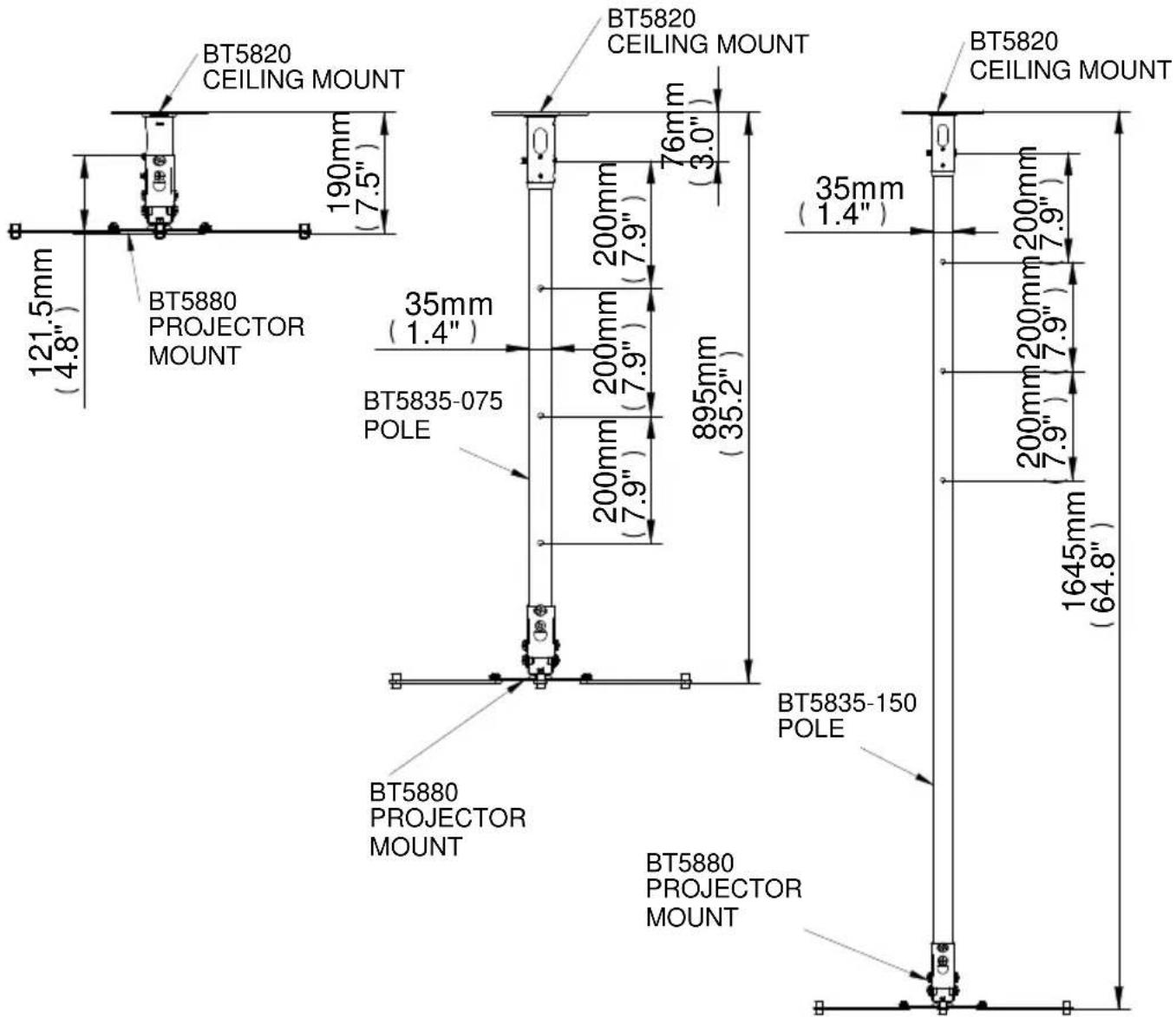 BT5820 CEILING MOUNT 190mm (7.5") 121.5mm (4.8") BT5880 PROJECTOR MOUNT 35mm (1.4") BT5835-075 POLE 200mm (7.9") 200mm (7.9") 200mm (7.9) 200mm (7.9) 200mm (7.9) 200mm (7.9) 200mm (7.9) 200mm (7.9) 200mm (7.9) 200mm (7.9) 200mm (7.9) 200mm (7.9) 200mm (7.9) 3.0" BT5820 CEILING MOUNT 35mm (1.4") BT5835-150 POLE 1645mm (64.8") BT5880 PROJECTOR MOUNT BT5880 PROJECTOR MOUNT