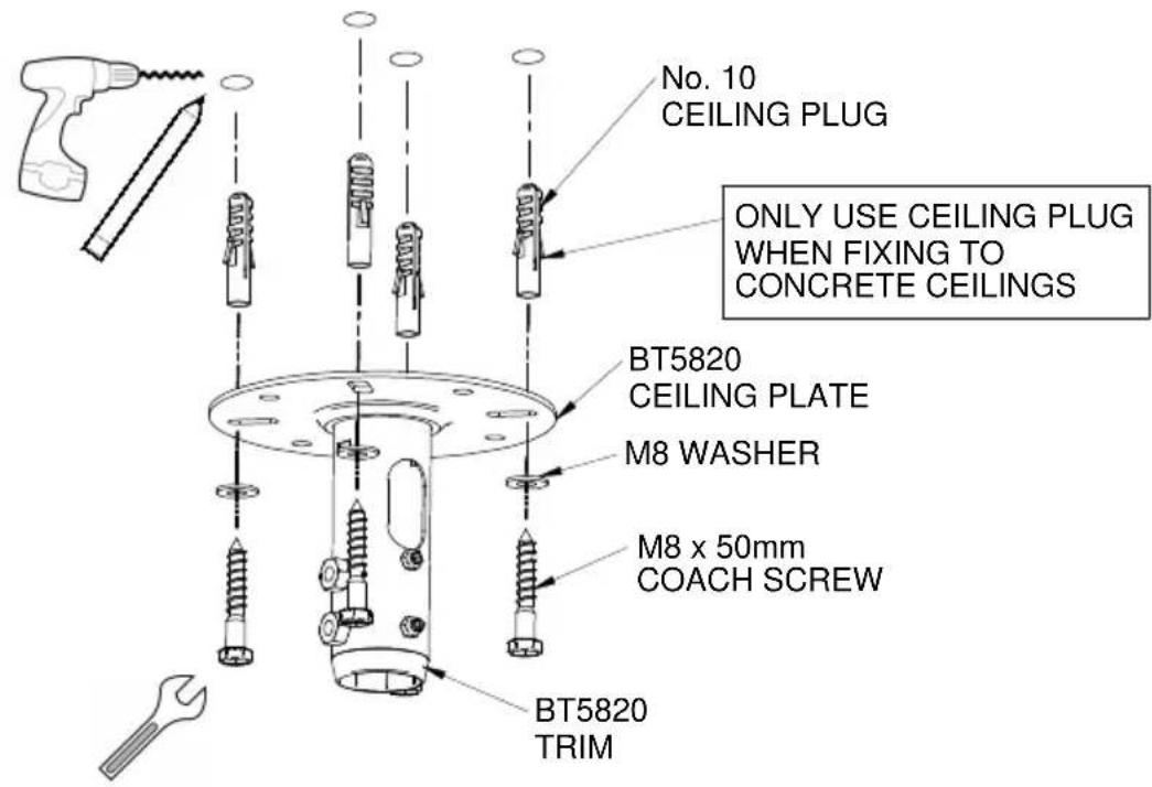 No. 10 CEILING PLUG ONLY USE CEILING PLUG WHEN FIXING TO CONCRETE CEILINGS BT5820 CEILING PLATE M8 WASHER M8 x 50mm COACH SCREW BT5820 TRIM