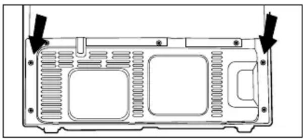 Technical diagram of a computer chassis back panel with mounting holes and ventilation slots (no text or labels)