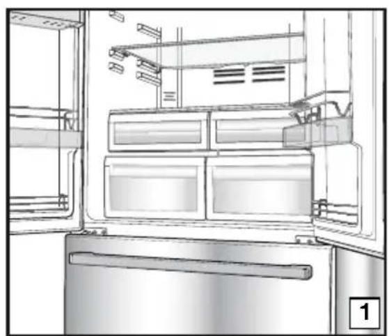 Interior view of a refrigerator showing open doors, shelves, and storage compartments (no text or symbols visible).