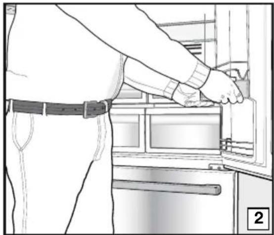 Line drawing of a person opening a refrigerator with a belt.