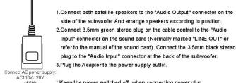 1. Connect: both satellite speakers to the "Audio Output" connector on the side of the subwoofer And arrange speakers according to position. 2. Connect: 3.5mm green stereo plug on the cable control to the "Audio Input" connector on the sound card (Normally marked "LINE OUT" or refer to the manual of the sound card). Connect the 3.5mm black stereo plug to the "Audio Input" connector at the back of the subwoofer. 3. Plug the Adaptor to the power supply outlet. Connect AC power supply: AC110V-120V -80Hz * Keep the power switched off when connecting power plug.