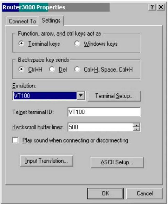 Router3000 Properties Connect To Settings Function, arrow, and ctrl keys act as Terminal keys Windows keys Backspace key sends Ctrl+H Del Ctrl+H Space Ctrl+H Emulation: VT100 Terminal Setup... Telnet terminal ID: VT100 Backscroll buffer lines: 500 Play sound when connecting or disconnecting Input Translation... ASCII Setup... OK Cancel