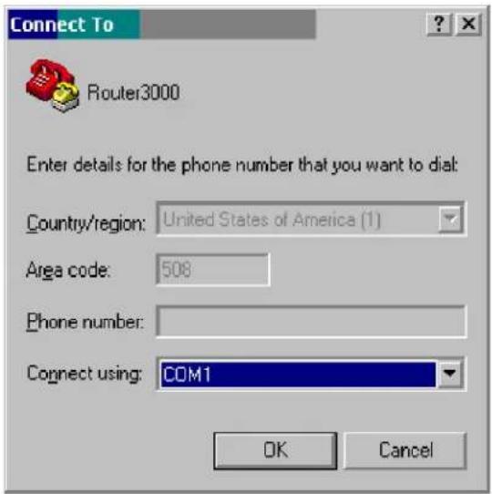 Connect To Router3000 Enter details for the phone number that you want to dial: Country/region: United States of America (1) Area code: 508 Phone number: Connect using: COM1 OK Cancel