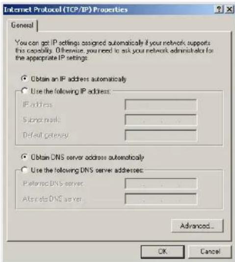 Internet Protocol (TCP/IP) Properties General You can get IP settings assigned automatically if your network supports this capability. Otherwise, you need to ask your network administrator for the appropriate IP settings. Obtain an IP address automatically Use the following IP address: IP address: Submit mask: Default gateway: Obtain DNS server address automatically Use the following DNS server addresses: Paredes DNS server: Alternate DNS server: Advanced... OK Cancel