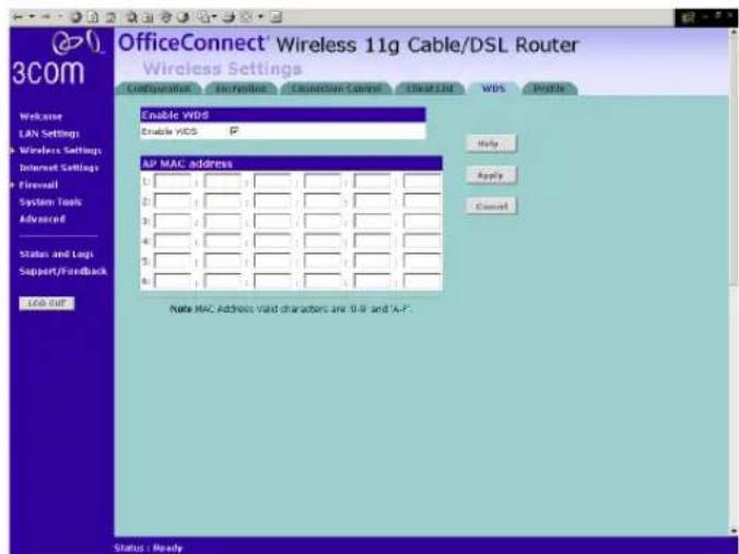 OfficeConnect' Wireless 11g Cable/DSL Router Wireless Settings Configuration Recreation Connection Control IEAVL200 WDS Profile Enable VWD Enable VDCS AP MAC address 1: 2: 3: 4: 5: 6: Help Apply Convert Note MAC Address: Valid characters are 0-9 and 'A-F'. Status: Ready
