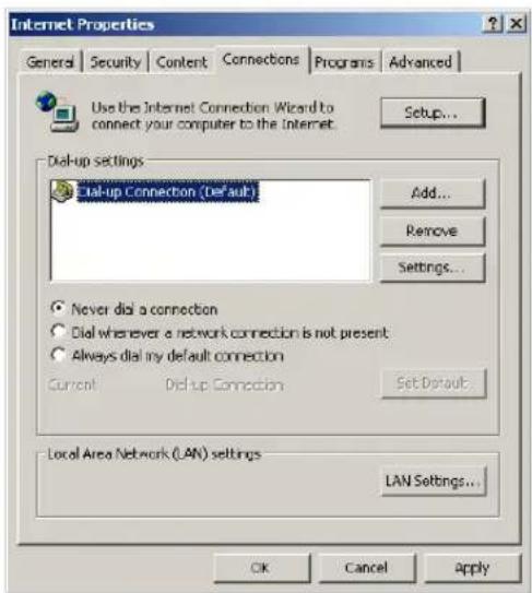 Internet Properties General Security Content Connections Programs Advanced Use the Internet Connection Wizard to connect your computer to the Internet Setup... Dial-up settings Dial-up Connection (Default) Add... Remove Settings... Never dial a connection Dial whenever a network connection is not present Always dial any default connection Current Did up Connection Set Default... Local Area Network (LAN) settings LAN Settings... OK Cancel Apply