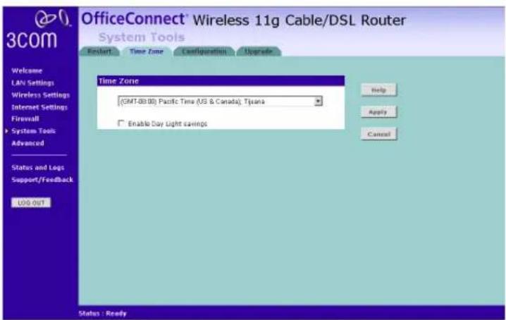 OfficeConnect® Wireless 11g Cable/DSL Router System Tools Product Time Zone Configuration Upgrade Time Zone (GMT-03.00) Pacific Time (US & Canada), Tjana Enable Day Light savings Help Apply Cancel Welcome LAN Settings Wireless Settings Internet Settings Firewall System Tools Advanced Status and Logs Support/Feedback UG OUT Status : Ready