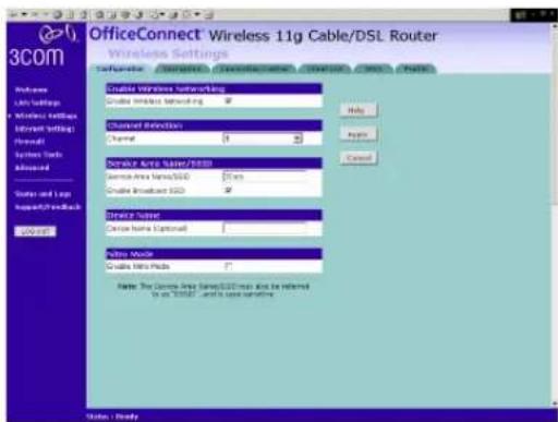OfficeConnect Wireless 11g Cable/DSL Router Wireless Settings Provider: COMERCIAL DEVELOPMENT SERVICE-CASH SYSTEMS Enable Wireless Networking Enable Wireless Networking Channel Detection Normal Service Area Name/SDS Service Area Name/SDS Create Broadcast SSD Show Area Name Show Area Name Document Video Mode Create Info Files Note: The Service Area Name/SDS must be referred to as "20002" and it has notified. Status: Ready