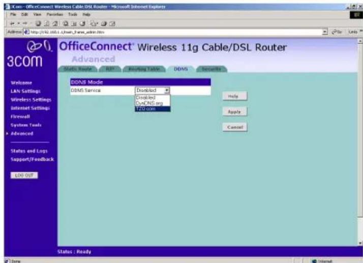 OfficeConnect® Wireless 11g Cable/DSL Router Advanced Status Route ROI Routing Table DOVS Services DDNS Mode DOVS Service Disabled Disabled DsnDNS.org T2G com Help Apple Cancel Access: http://192.160.1/chown_farms_adms.htm Welcome LAN Settings Wireless Settings Internet Settings Firewall System Tools Advanced States and Logs Support/Feedback LOG OUT Status : Ready