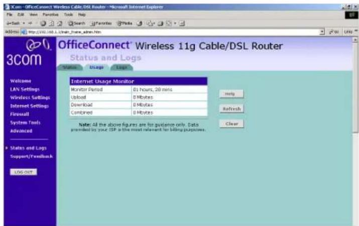 OfficeConnect® Wireless 11g Cable/DSL Router Status and Logs Internet Usage Monitor Monitor Period 01 hours, 28 mins Upload 0 Mbytes Download 0 Mbytes Combined 0 Mbytes Note: All the above figures are for guidance only. Data provided by your ISP is the most relevant for billing purposes.