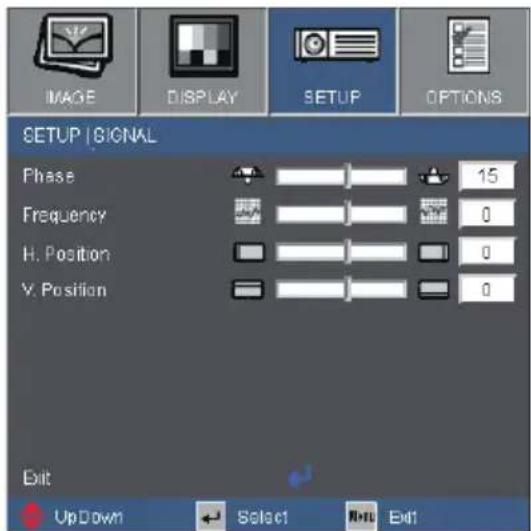 IMAGE DISPLAY SETUP OPTIONS SETUP | SIGNAL Phase 15 Frequency 0 H. Position 0 V. Position 0 Exit UpDown Select Next Exit