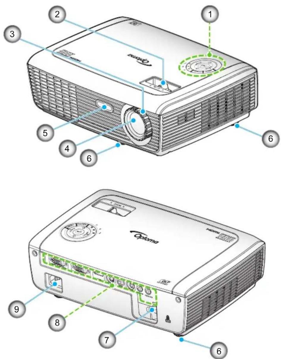 Technical diagram of a projector with numbered parts and labeled components