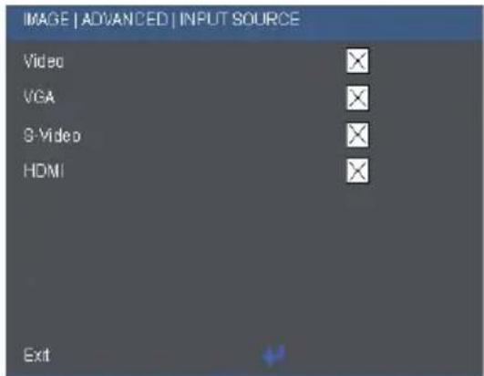 IMAGE | ADVANCED | INPUT SOURCE Video VGA S-Video HDMI Exit