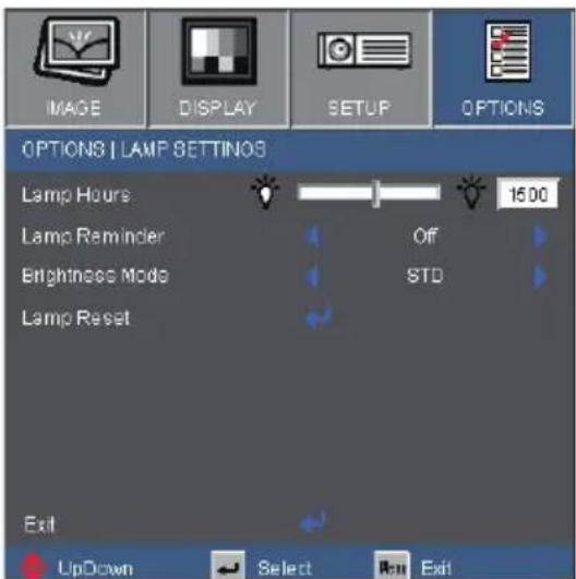 IMAGE DISPLAY SETUP OPTIONS OPTIONS | LAMP SETTINGS Lamp Hours 1500 Lamp Reminder Off Brightness Mode STD Lamp Reset Exit UpDown Select Run Exit
