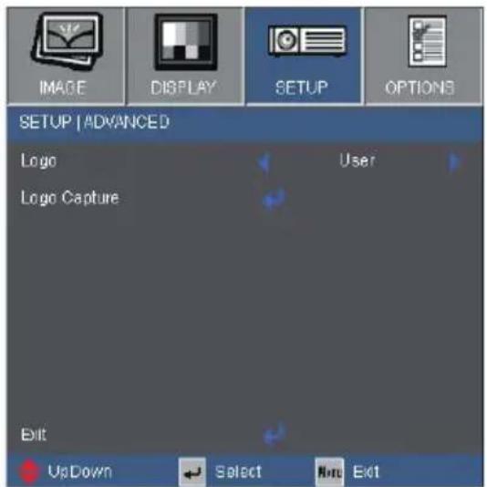 IMAGE DISPLAY SETUP OPTIONS SETUP | ADVANCED Logo User Logo Capture Exit UpDown Select Next Exit