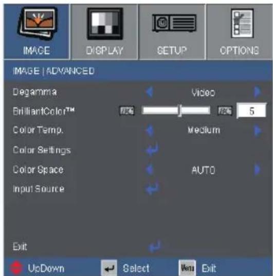 IMAGE | ADVANCED Degamma BrilliantColor™ Color Temp. Color Settings Color Space Input Source Video Medium AUTO Exit UpDown Select View Exit
