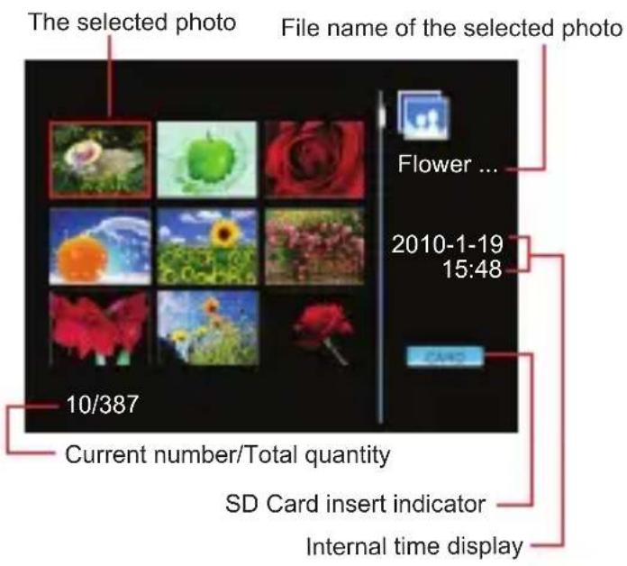 The selected photo File name of the selected photo Flower ... 2010-1-19 15:48 10/387 Current number/Total quantity SD Card insert indicator Internal time display