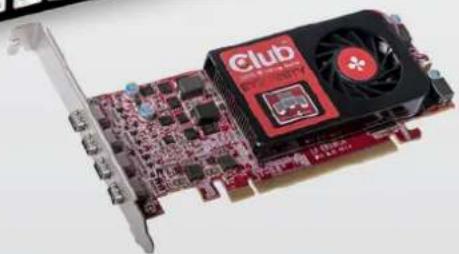 Close-up of a red computer card with a Club processor and fan, showing internal components and ports (no readable text or symbols)