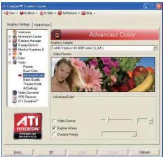 Catalyst™ Catalyst Center View - Redlans - ProGris - Performers - Help - Graphics Settings | Hydrovision Advanced Color Graphics Adapter: T AMD Radeon-HD 6600 series [L365] Video Preview Advanced Color Video Gamma Beginner White Dynamic Range Welcome Information Center Display Manager Display Options Monitor Properties D 3D Color Video Create Basic Color Properties Basic Quality Transformer Mode All Settings Video Converter VPU Filterer ATI Desimble™ ATI® Radeon® PREMIUM GRAPHICS Browse... OK Cancel Help