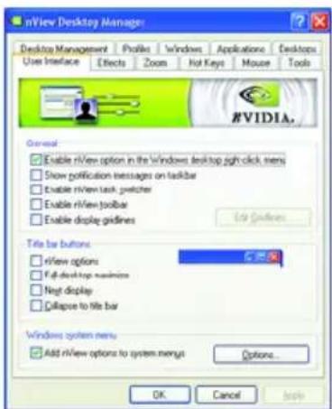 nView Desktop Manager Desktop Management Profile windows Applications Desktops User Interface Elects Zoom Hot Keys Mouse Tools General Enable nView option in the windows desktop aph click menu Show policyation messages on taskbar Enable nView task viewer Enable nView toolbar Enable display guidelines Filebars buttons nView options Full desktop maximize Next display Collapse to file bar Windows system menu Add nView options to system menus Options... OK Cancel Help