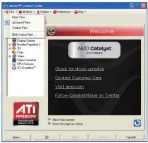 Catalyst Control Center View - Back View Advanced View Custom View BIM Control View ... Display Options Monitor Properties 0 3D Color Video Converter VRU Receiver ATI Overdrive™ Welcome AMD Catalyst SOFTWARE Check for driver updates Contact Customer Care Visit email.com Follow CatalystMaker on Twitter ATI® RPADEDN® PREMIUM GRAPHICS Allow Web content Show the page on startup