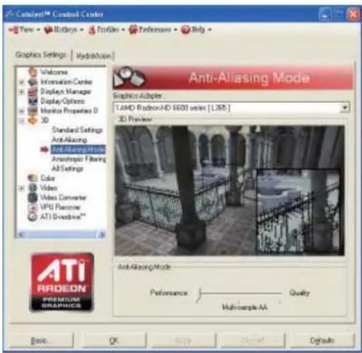 Catalyst™ Control Custer View • Downloads • Profiles • Performers • Help Graphics Settings | HydroVision Anti-Aliasing Mode Graphics Adapter: TAHD Radeon-HD 6400 series [L352] 3D Provider Anti-Aliasing Mode Performance Quality Multiexample AA Base... OK Apply Cancel Defaults