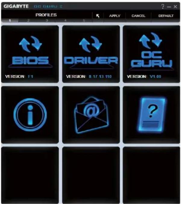 GIGABYTE OS GUI PROFILES 1 2 3 4 5 APPLY CANCEL DEFAULT BIOS DRIVER OC GURU VERSION: F1 VERSION: 8.17 13.110 VERSION: V1.00 i @ ?
