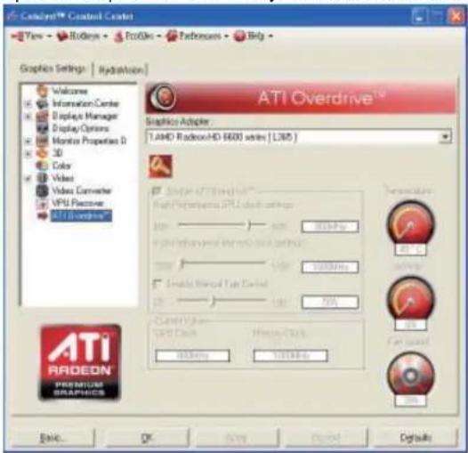 Catalyst® Created Creator View - Hodgys - Pro00s - Performers - Bkg Graphics Settings | Hydraulics Welcome Information Center Display Manager Display Options Monitor Properties D 3D Color Video Video Converter VPU Features ATI Overdrive™ Graphics Adapter: TAHD Radeon-HD 6600 series | L350 | SINCH A718 HD/HD™ Rath Performance API Label settings 100% 200MPa Rath Performance and Micro-Block settings 100% 200MPa Sendal Masked Task Control 20% 100% Current Graphs USB Clock Hertz Clock 400MHz 100MHz ATI RADEON® PREMIUS GRAPINGS Temperature ATI Fiat Fan Basic... OK... Cancel... Default... Defaults
