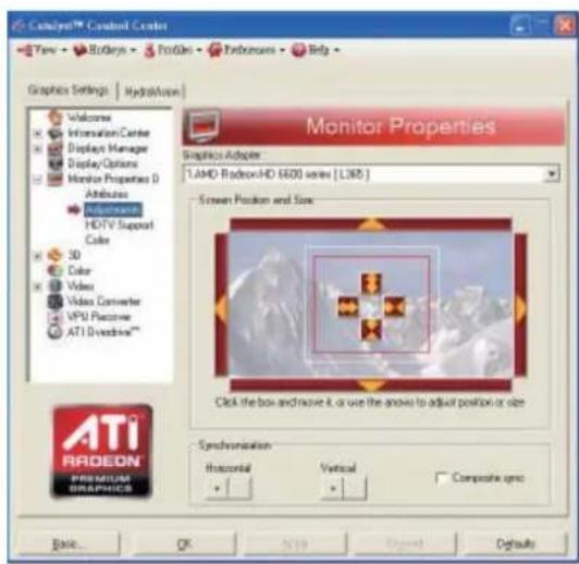Catalyst™ Control Center View - Ecllects - Protels - Encoders - Befa Graphics Settings | HydroVision Welcome Information Centre Display Manager Display/Optors Monitor Properties D Attitudes Superven HDTV Support Color 3D Color Video Video Converter VPU Processor ATI Devechro® Monitor Properties Graphics Adapter: LAMD Radeon-HD 6600 series [ L265 ] Screen Position and Size: Click the box and move it, or use the arrows to adjust position or size SYNDOMINATION Horizontal Vertical Composite type Basic OK Cancel Defaults