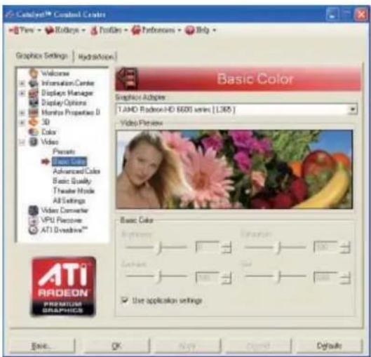 Catalyst™ Control Center View - Redkaya - Postoris - Fathesom - Help Graphics Settings | HydroAction Basic Color Graphics Adapters: T-AHID Radeon-HD 6600 series [1,365] Video Preview Basic Color Baseline Baseline Baseline Baseline ATI RADEON PROMPTUS GRAPPHICS Use application settings Basic... OK Cancel Default