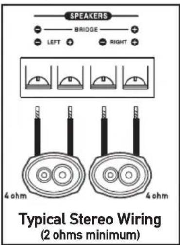 SPEAKERS BRIDGE LEFT RIGHT 4 ohm 4 ohm Typical Stereo Wiring (2 ohms minimum)