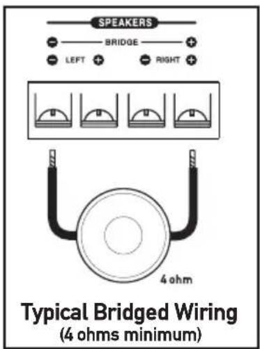 SPEAKERS BRIDGE LEFT + RIGHT + 4 ohm Typical Bridged Wiring (4 ohms minimum)