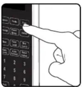 Hand pointing at a keypad interface with labeled buttons and numbers, showing navigation instructions.