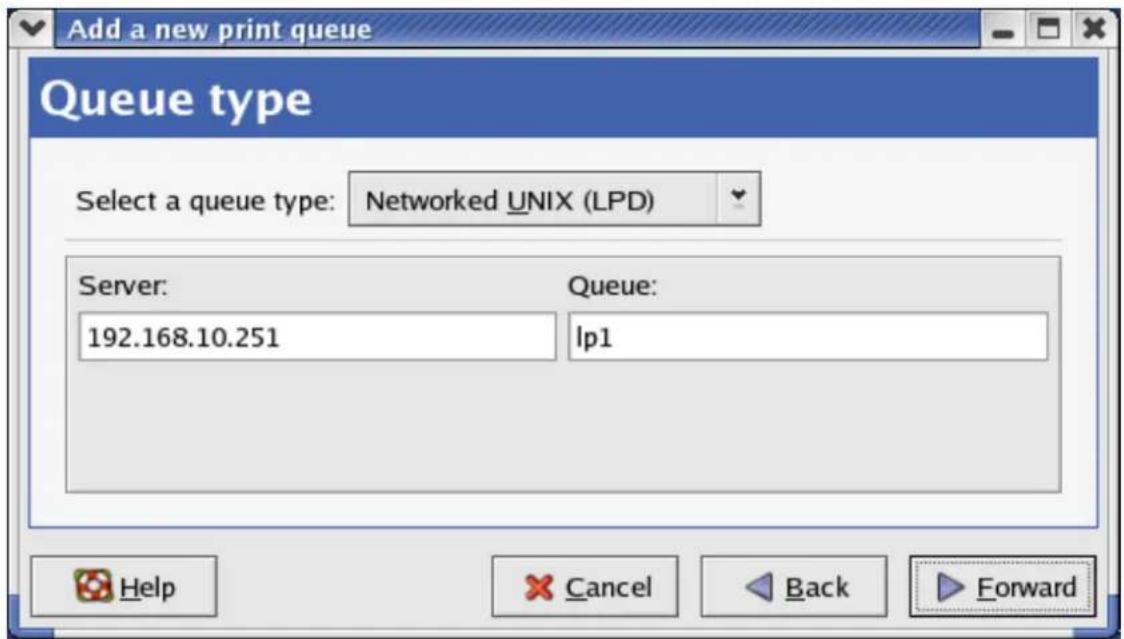 Add a new print queue Queue type Select a queue type: Networked UNIX (LPD) Server: 192.168.10.251 Queue: lp1 Help Cancel Back Forward
