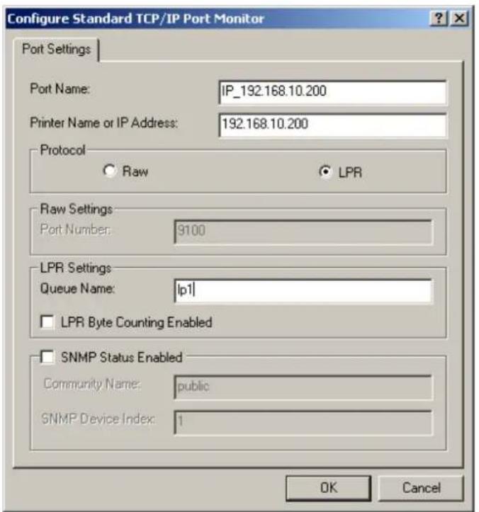 Configure Standard TCP/IP Port Monitor Port Settings Port Name: IP_192.168.10.200 Printer Name or IP Address: 192.168.10.200 Protocol Raw LPR Raw Settings Port Number: 9100 LPR Settings Queue Name: |p1| LPR Byte Counting Enabled SNMP Status Enabled Community Name: public SNMP Device Index: 1 OK Cancel