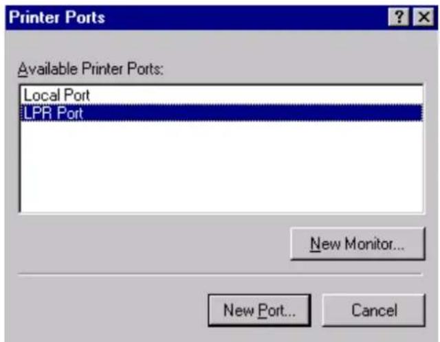 Printer Ports Available Printer Ports: Local Port LPR Port New Monitor... New Port... Cancel