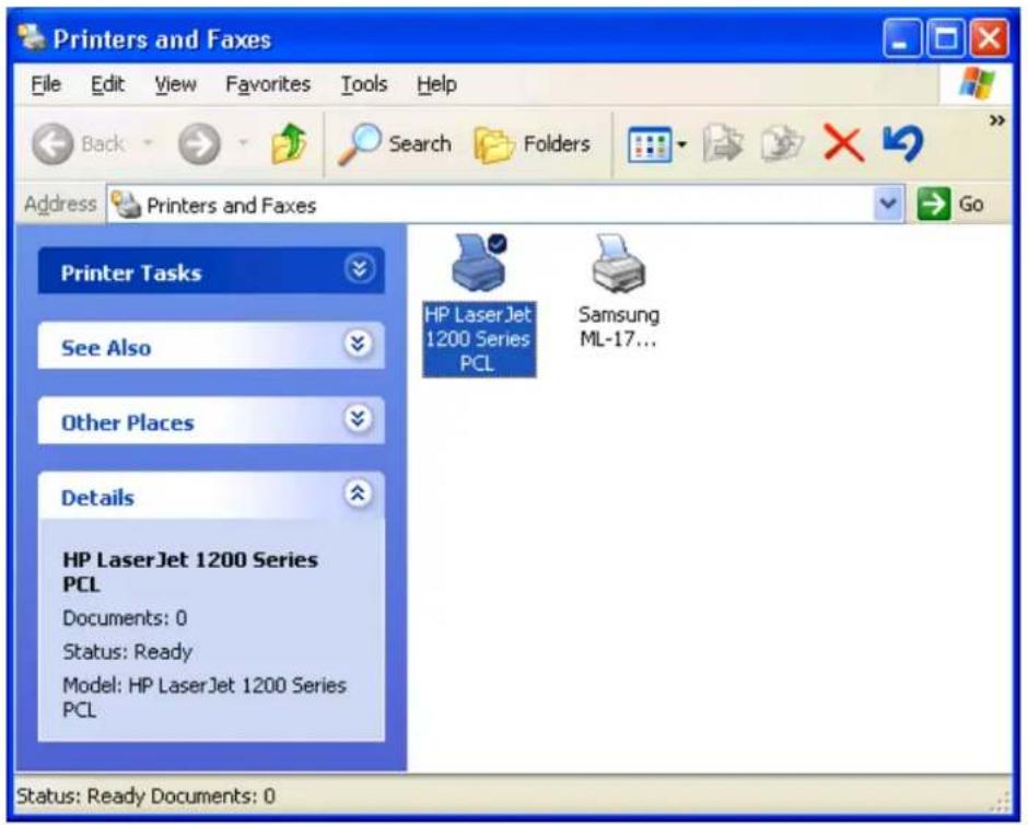 Printers and Faxes File Edit View Favorites Tools Help Back Search Folders Address Printers and Faxes Go Printer Tasks See Also Other Places Details HP LaserJet 1200 Series PCL Documents: 0 Status: Ready Model: HP LaserJet 1200 Series PCL HP LaserJet 1200 Series PCL Samsung ML-17... Status: Ready Documents: 0