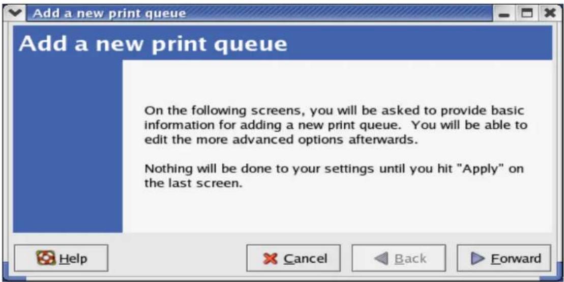 Add a new print queue On the following screens, you will be asked to provide basic information for adding a new print queue. You will be able to edit the more advanced options afterwards. Nothing will be done to your settings until you hit "Apply" on the last screen.